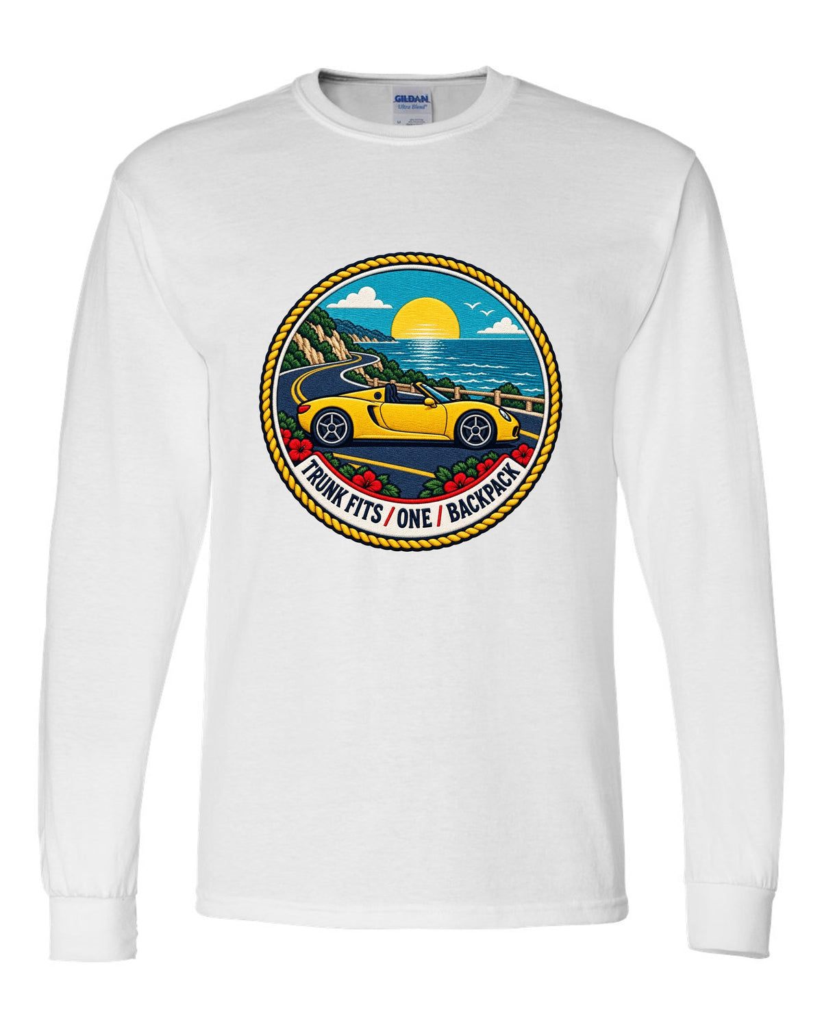 Varsity crest design for the Toyota MR2 W30 MR-S open roadster white long sleeve front view with the design
