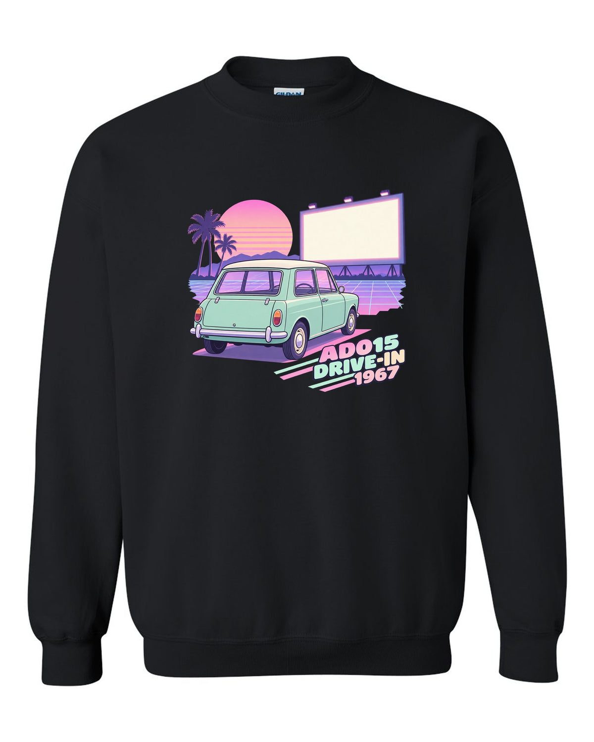 Pastel vaporwave drive-in scene with a 1967 classic Mini Cooper ADO15 black crewneck front view with the design