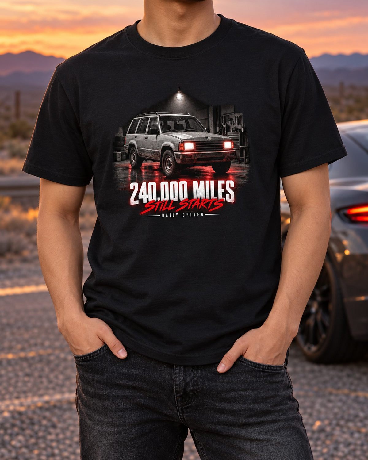Jeep Cherokee XJ Daily Driven 240,000 Miles Night Garage Tee T-Shirt Black worn hero