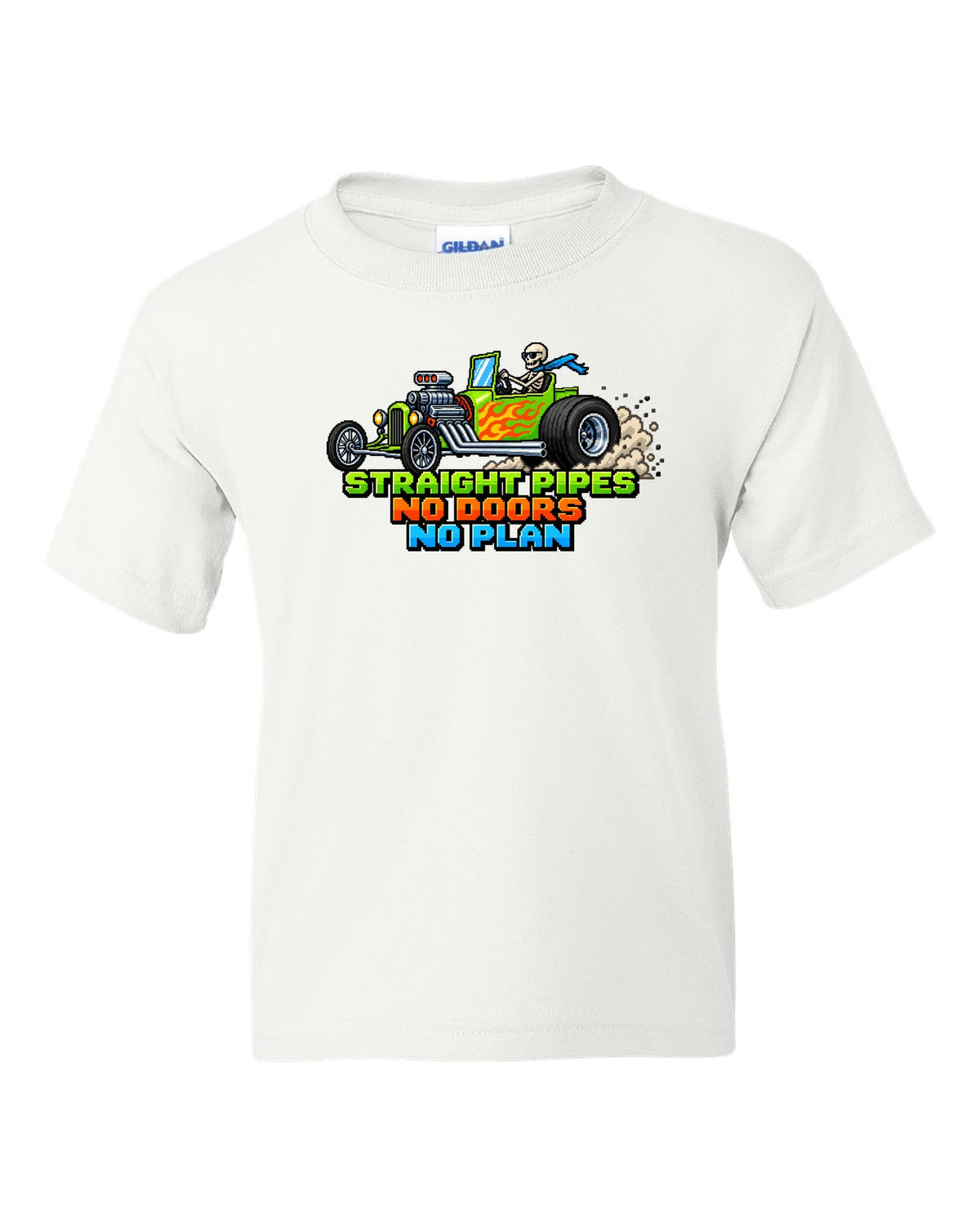 8/16-bit pixel art print of a Ford T-bucket hot rod with Straight Pipes No Doors lettering white kids tee front view with the design