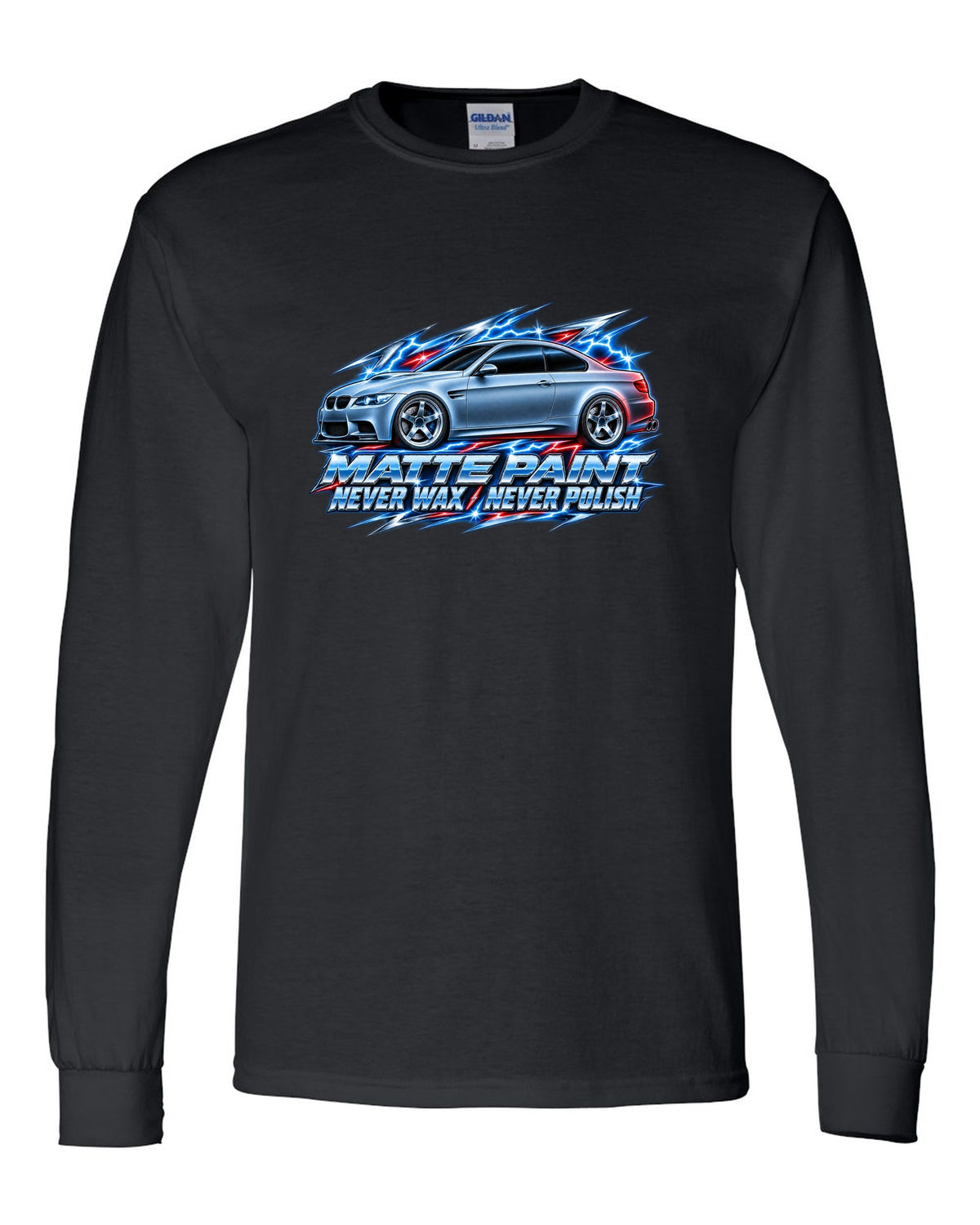80s chrome airbrush print of a BMW E92 M3 coupe with matte paint never wax never polish text black long sleeve front view with the design