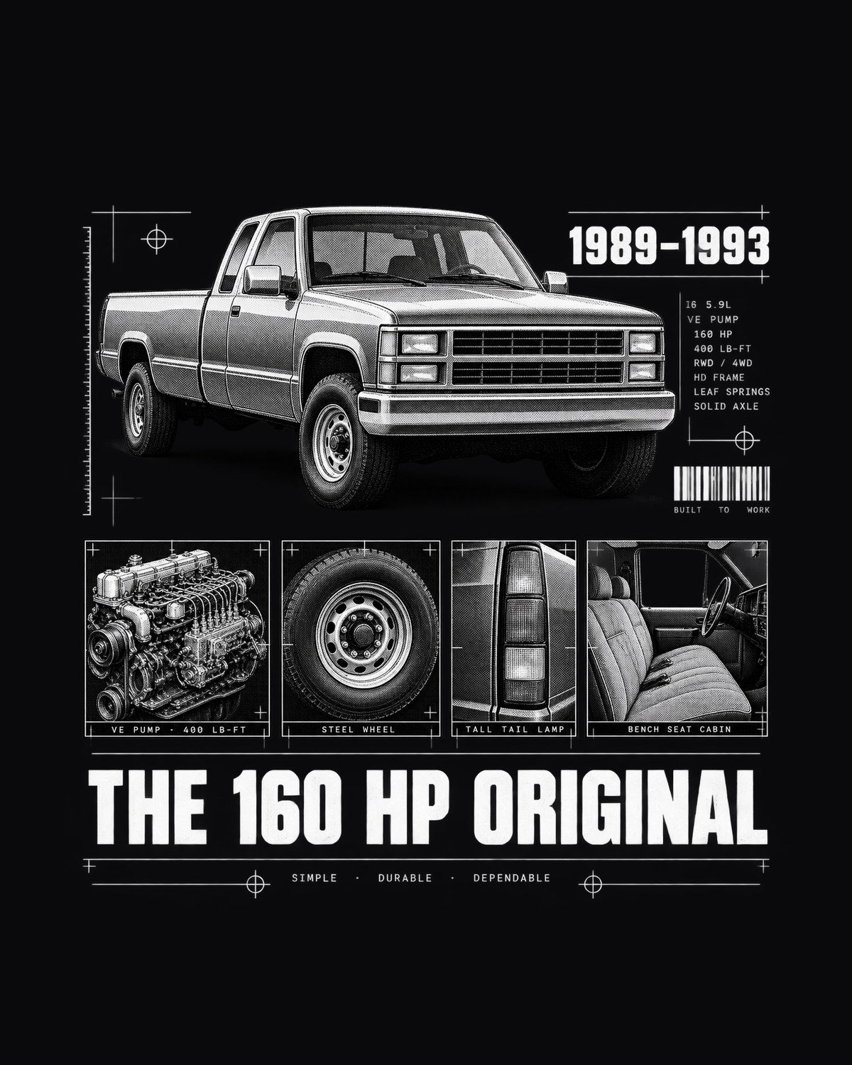 Dodge D250 1st Gen Cummins 1989-93 160 HP Original Dossier Shirt design only
