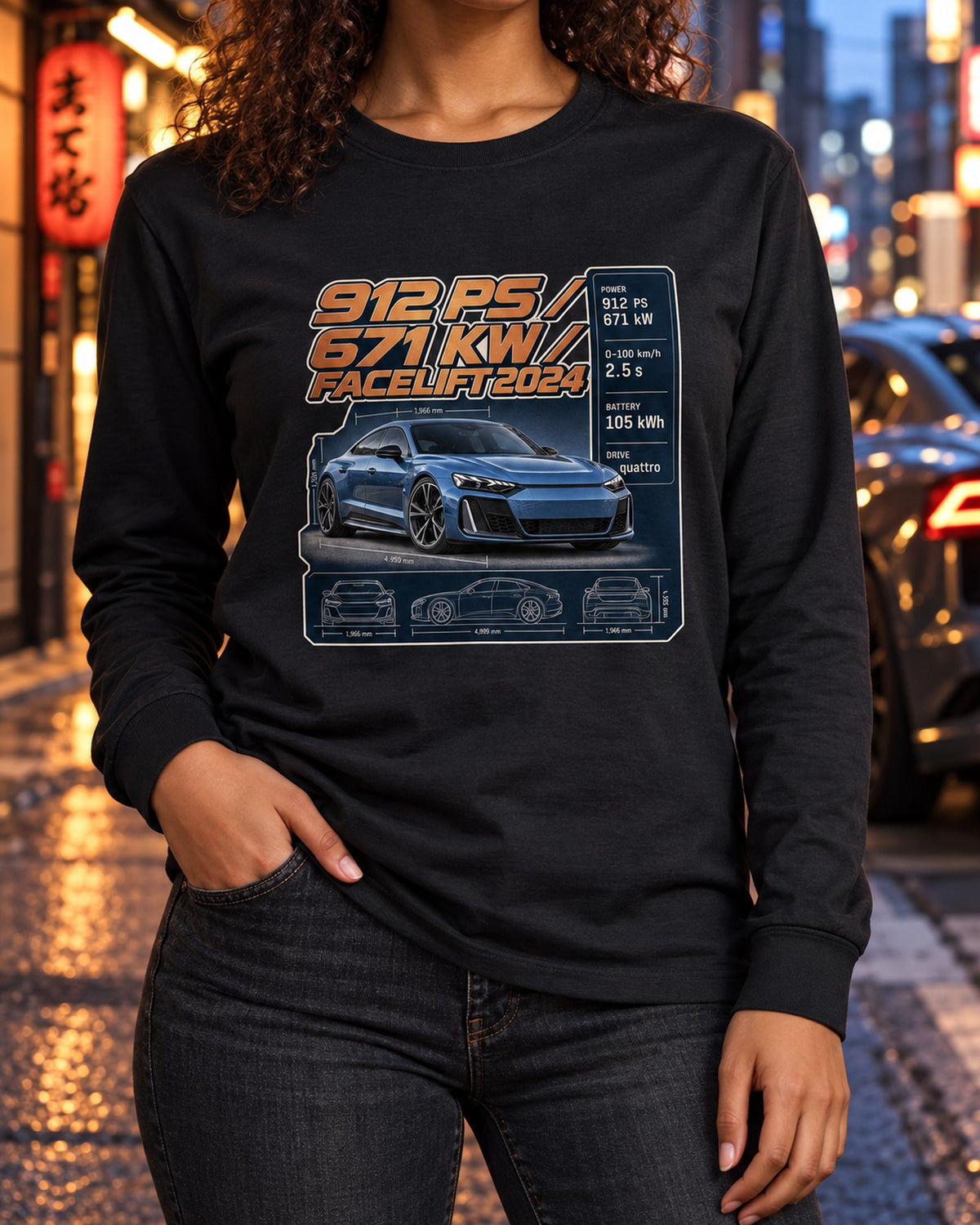 Audi RS e-tron GT Performance Facelift Spec Poster Tee, 912 PS Long Sleeve Black worn hero