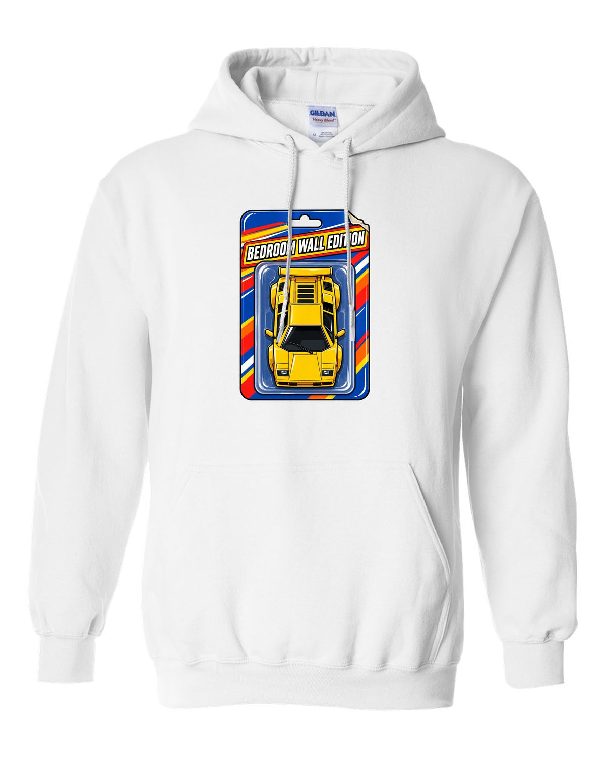 Top-down Lamborghini Countach LP400 S on a toy blister card labelled Bedroom Wall Edition white pull over hoodie front view with the design