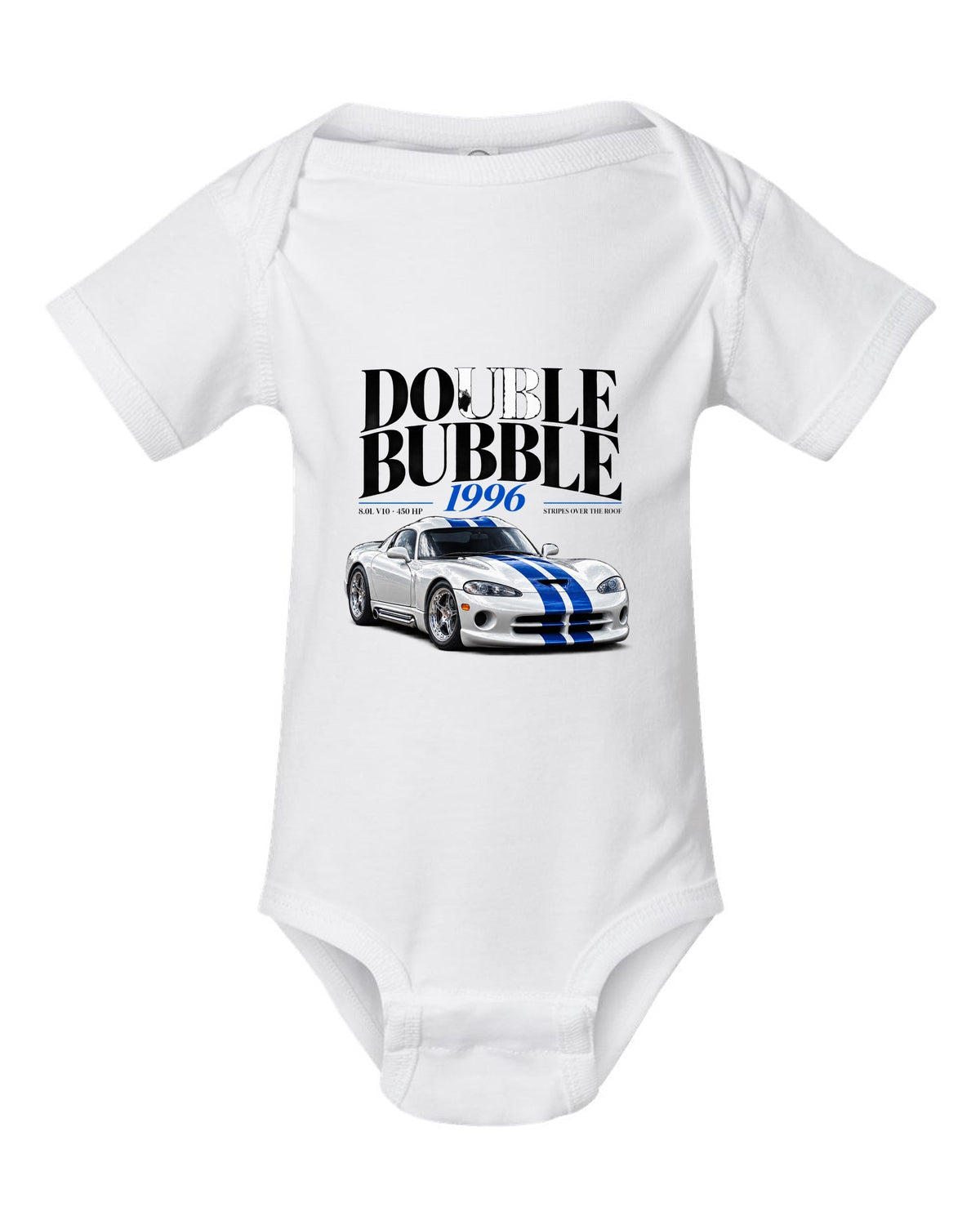 Editorial headline print of a 1996 Dodge Viper GTS SR II with double bubble and 8.0L V10 text white baby onesie front view with the design