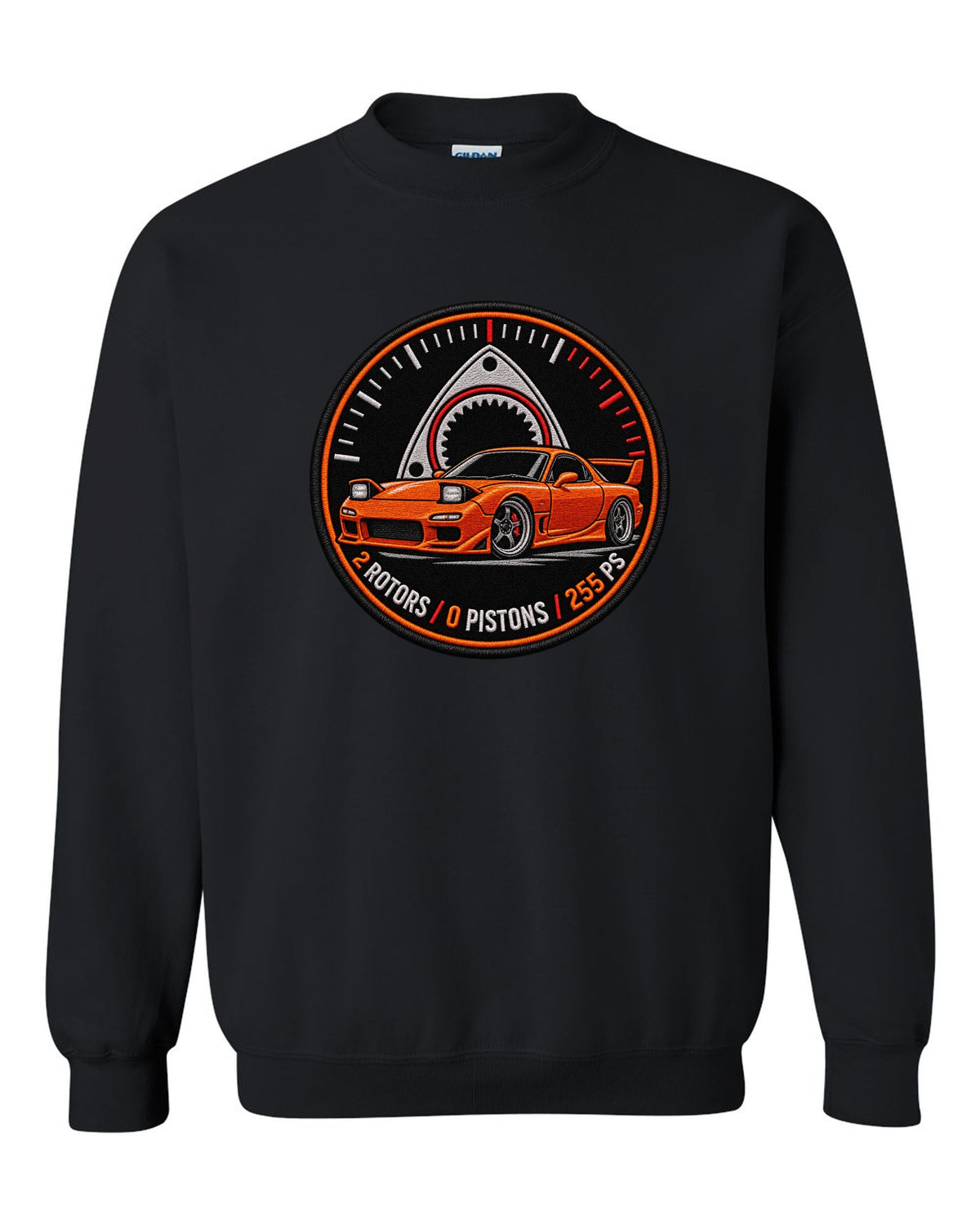 Round embroidery-style crest print for the Mazda RX-7 FD3S with 2 rotors 0 pistons 255 PS lettering black crewneck front view with the design