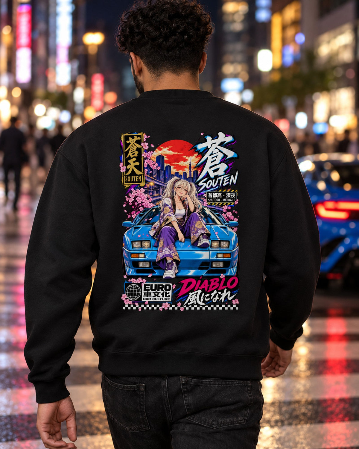 SOUTEN DIABLO Anime Girl Full-Back Graphic Tee Crewneck Black worn hero