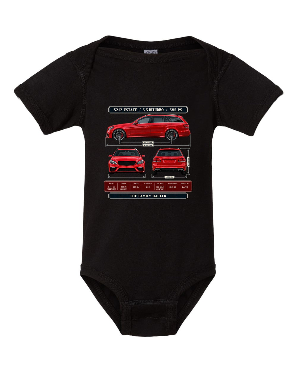 Three-view and spec table print of a signal red Mercedes-AMG E63 S S212 estate black baby onesie front view with the design