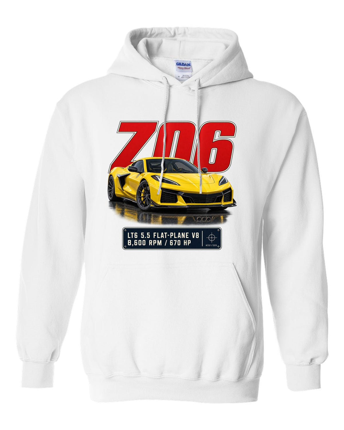 Editorial headline print of a yellow Chevrolet Corvette C8 Z06 white pull over hoodie front view with the design