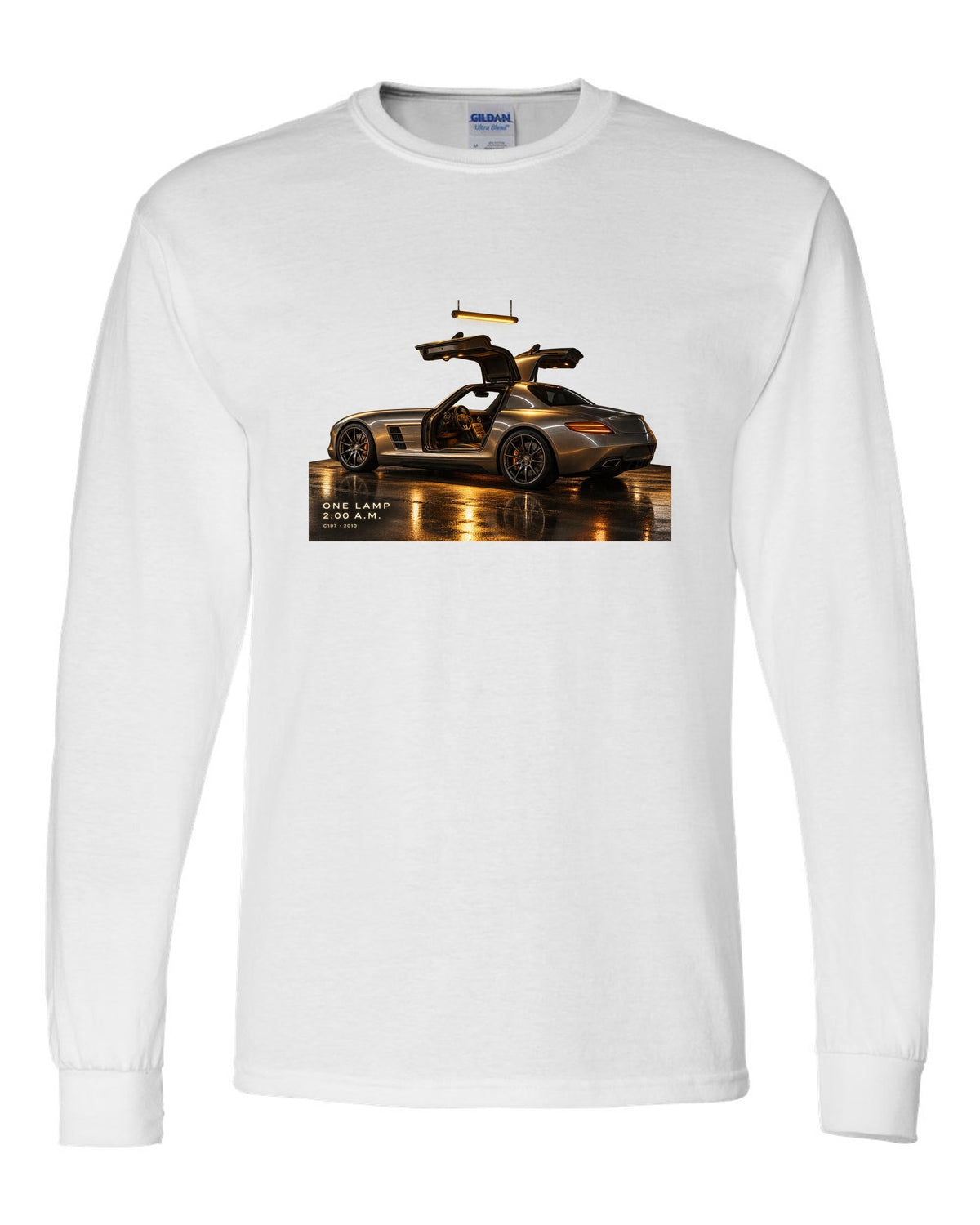Garage night print of a Mercedes SLS AMG C197 under one lamp with 2:00 A.M. lettering white long sleeve front view with the design