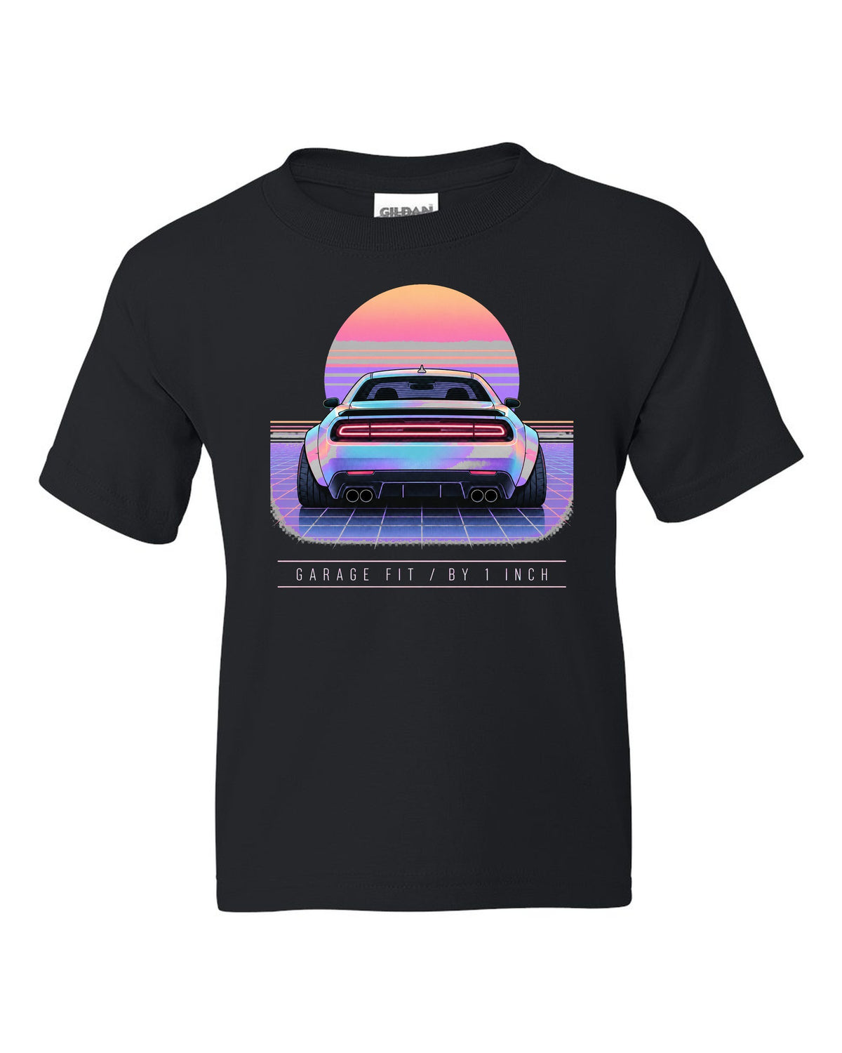 Vaporwave pastel print of a 2021 Dodge Challenger Scat Pack Widebody with garage fit text black kids tee front view with the design