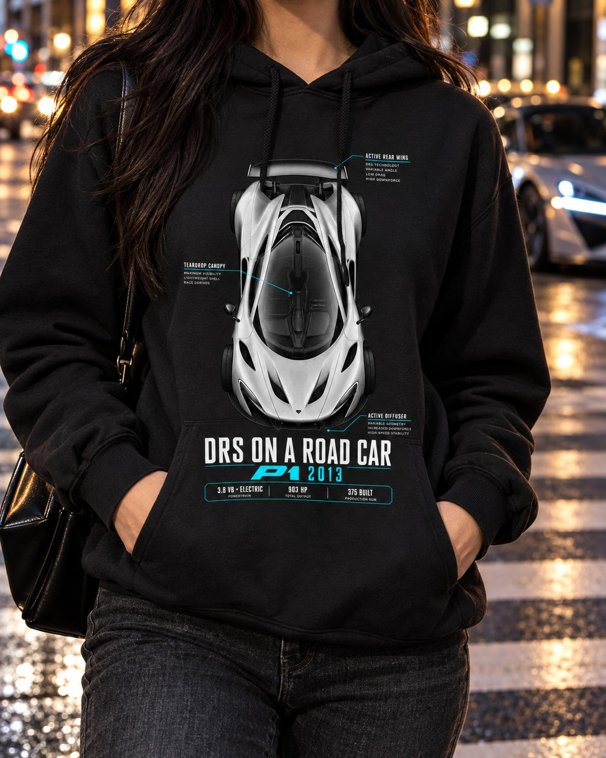 McLaren P1 2013 DRS On A Road Car Spec Poster Tee Pull Over Hoodie Black worn hero