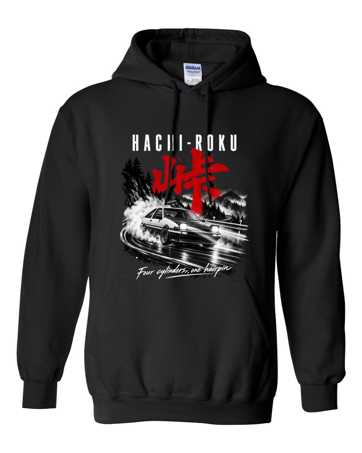 print of a Toyota AE86 Sprinter Trueno on a night touge with Hachi-Roku lettering and a hairpin bend black pull over hoodie front view with the design