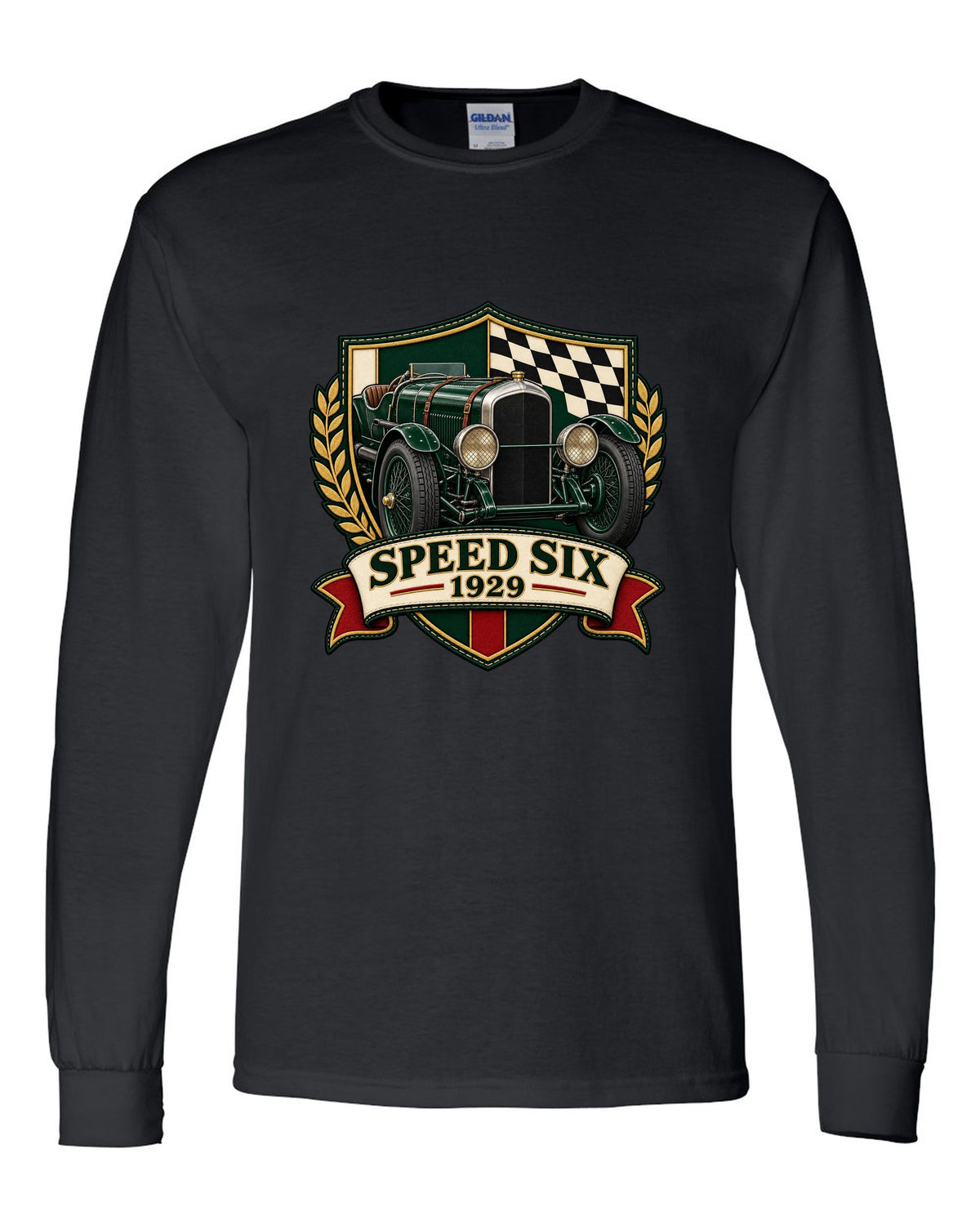Varsity-style embroidered crest design for the 1929 Bentley Speed Six with SPEED SIX lettering black long sleeve front view with the design
