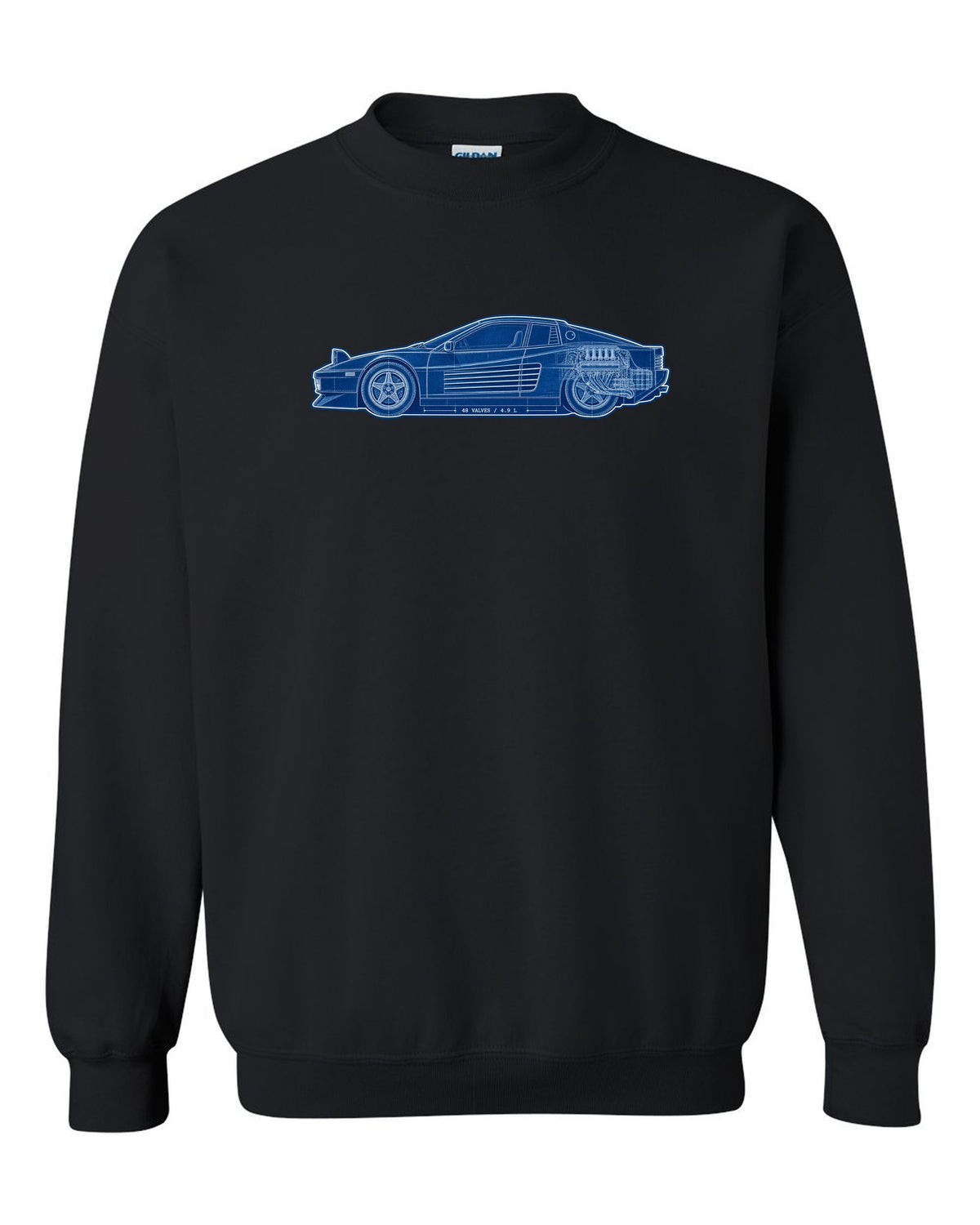 Cyanotype blueprint style print of the Ferrari Testarossa F110 with the text 48 valves, 4.9 L black crewneck front view with the design