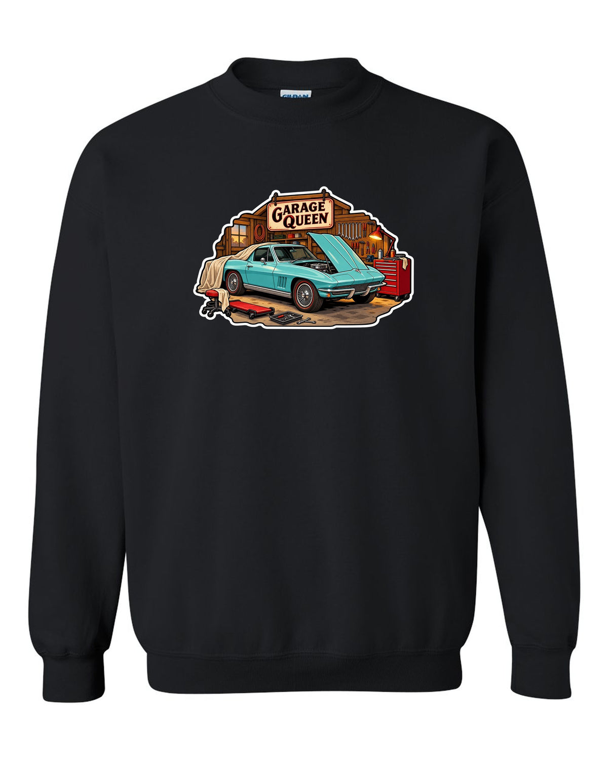 Sticker-bomb collage print of a 1966 Chevrolet Corvette C2 Sting Ray coupe with Garage Queen lettering black crewneck front view with the design