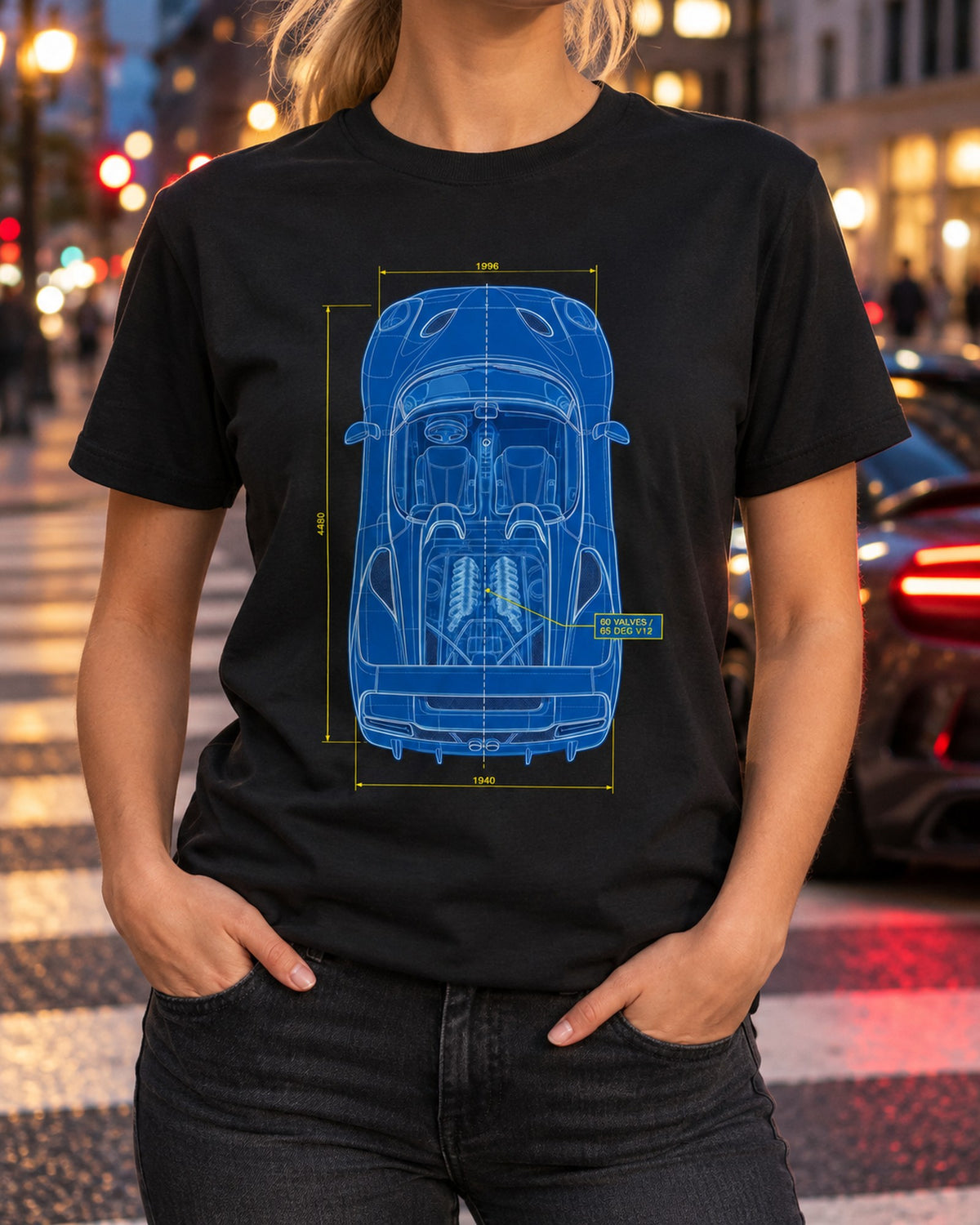 Ferrari F50 Top-Down Plan Blueprint Tee, 60 Valve V12 T-Shirt Black worn hero