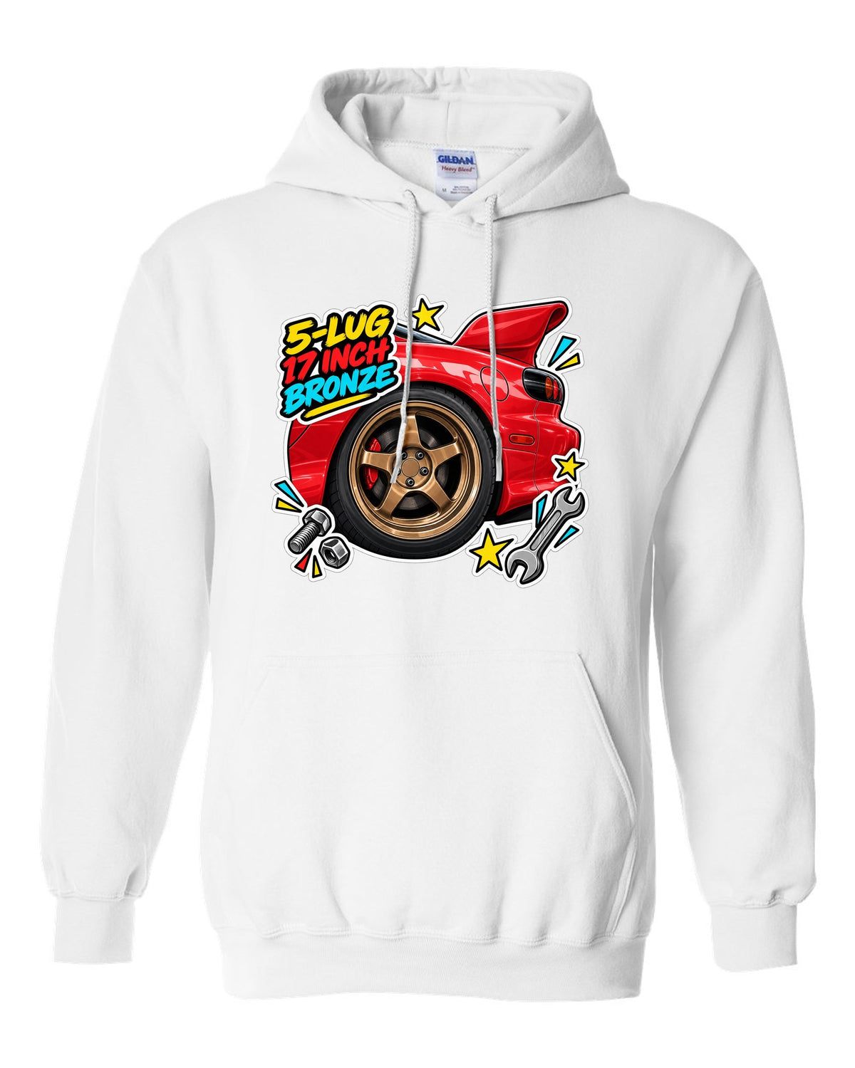 Watercolour wet road night print of a Mazda MX-5 ND RF with the text Roof Folds in 13 Seconds white pull over hoodie front view with the design
