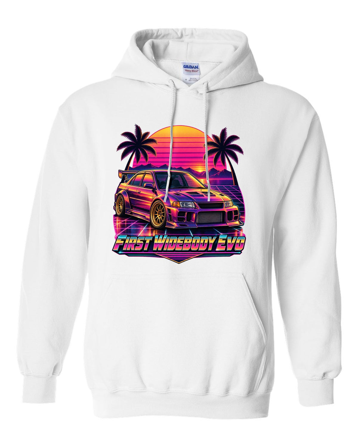Exploded cutaway engine diagram of a Mitsubishi Lancer Evolution X CZ4A white pull over hoodie front view with the design