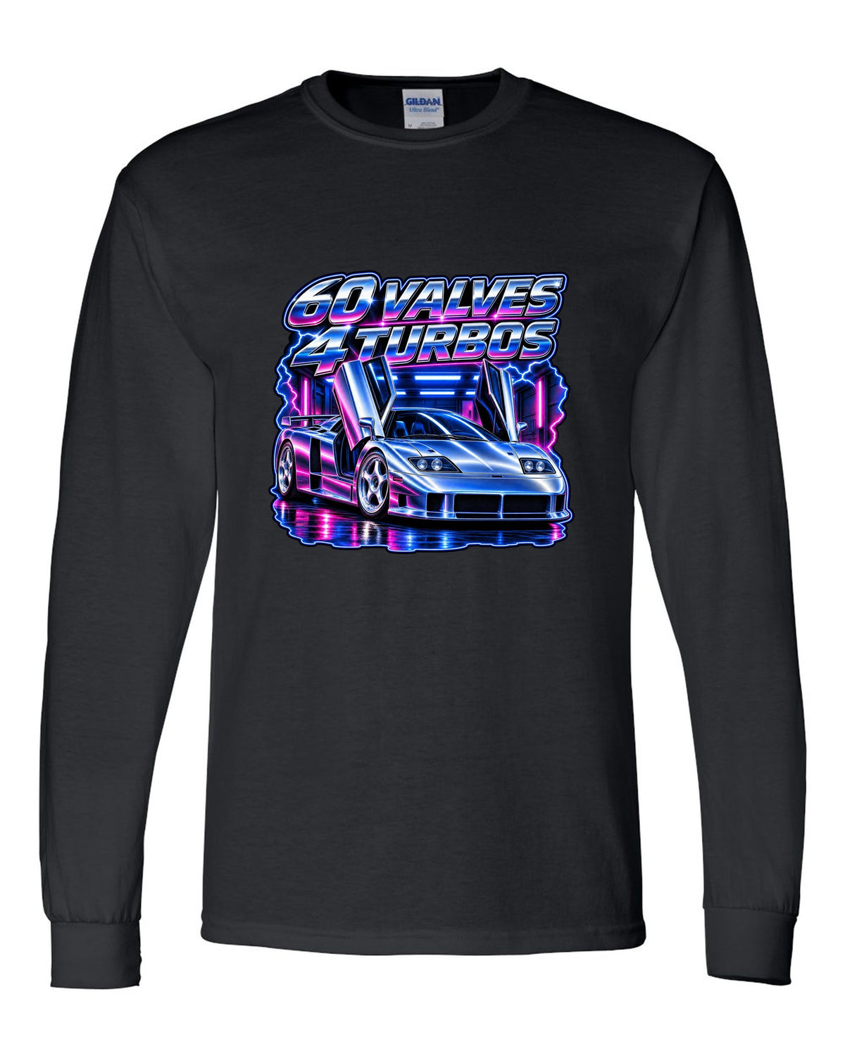 90s airbrush chrome print of a Bugatti EB110 SS with 60 valves and 4 turbos lettering black long sleeve front view with the design