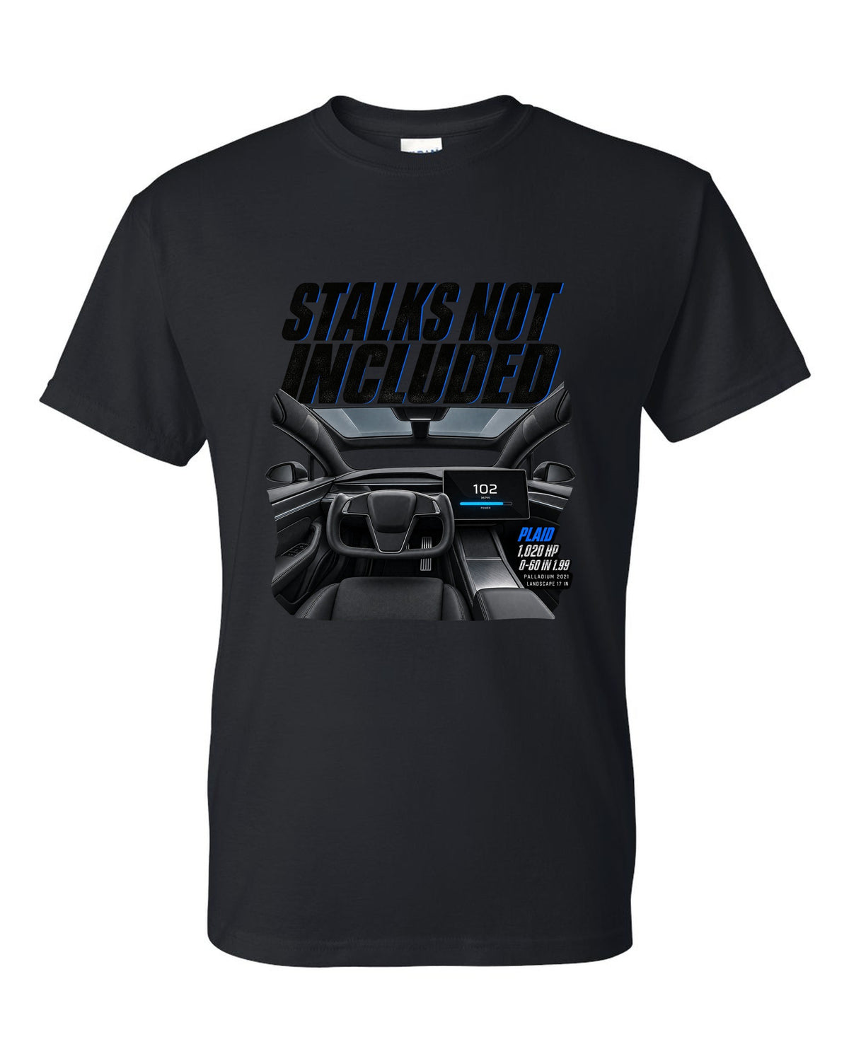 Cockpit print of a 2021 Tesla Model S Plaid Palladium with yoke and landscape screen black t-shirt front view with the design