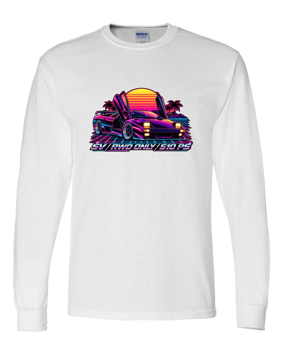 Synthwave outrun style Lamborghini Diablo SV with RWD only and 510 PS lettering white long sleeve front view with the design