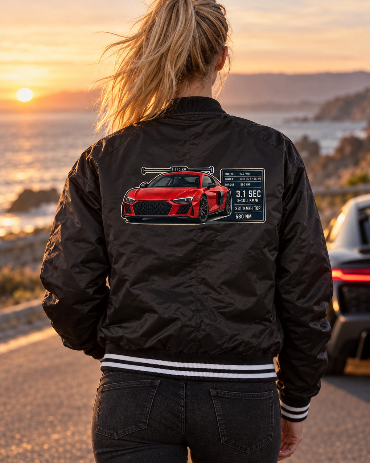 Audi R8 V10 Performance Spec Poster Tee, 331 km/h Top Speed Bomber Jacket Black worn hero