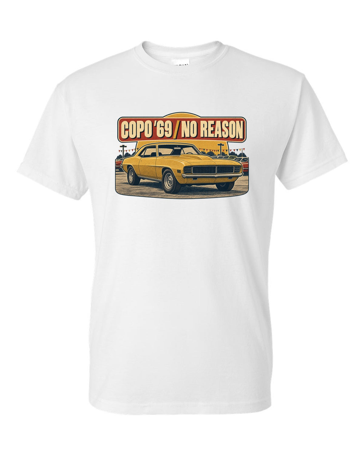 1970s catalogue ad layout with halftone shading of a 1969 Chevrolet Camaro COPO-style coupe white t-shirt front view with the design