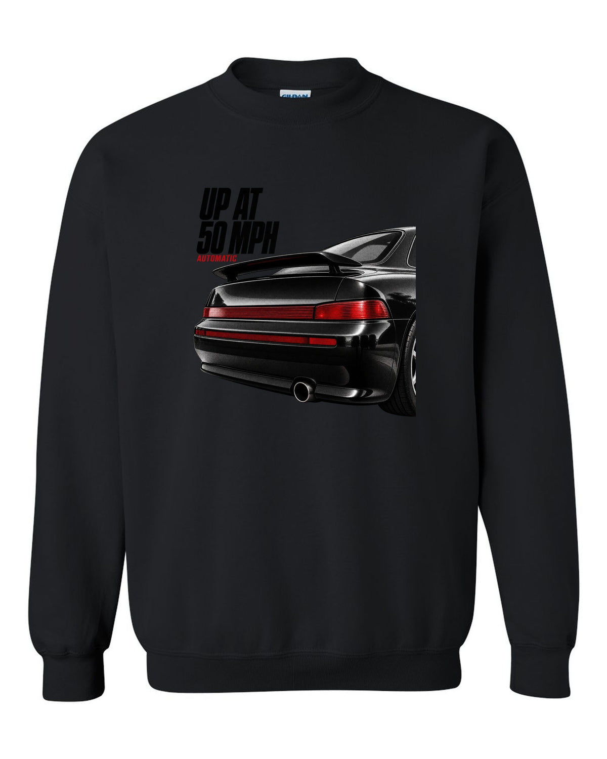Detail macro print of the Porsche 911 Carrera 2 (964) rear spoiler with the caption Up At 50 MPH black crewneck front view with the design