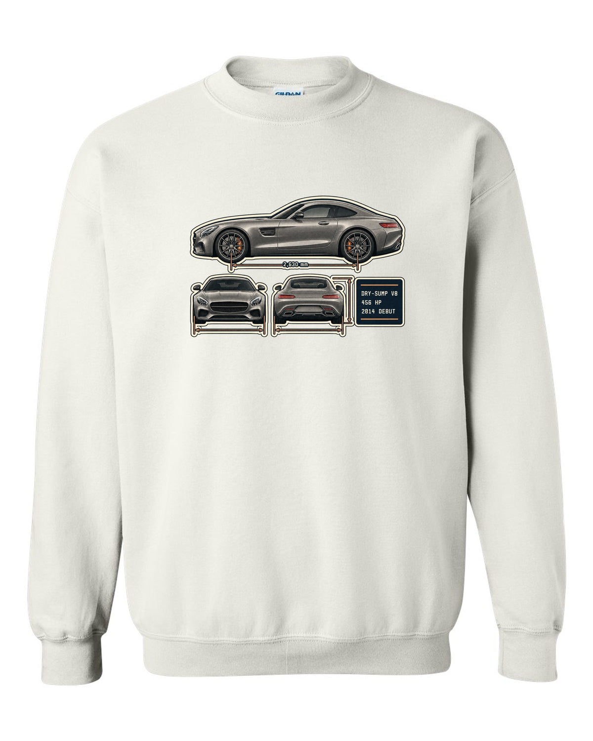 Mercedes-AMG GT C190 three-view and spec table print white crewneck front view with the design
