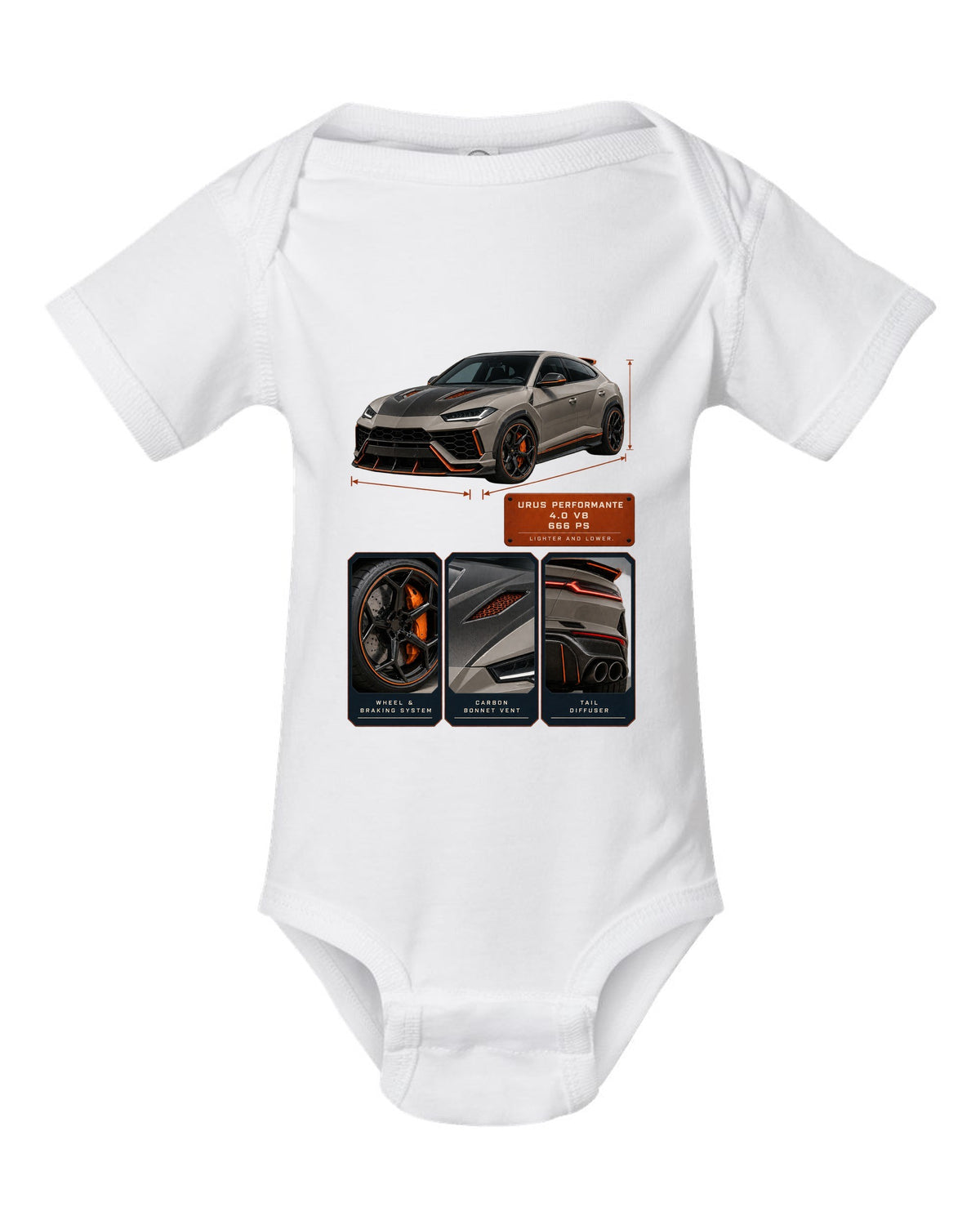 Dossier panel print of the Lamborghini Urus Performante white baby onesie front view with the design