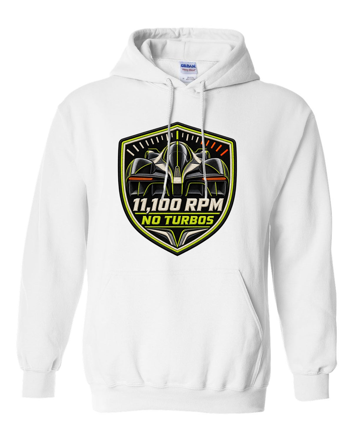 Embroidery-style varsity print for the Aston Martin Valkyrie with 11,100 rpm and no turbos lettering white pull over hoodie front view with the design