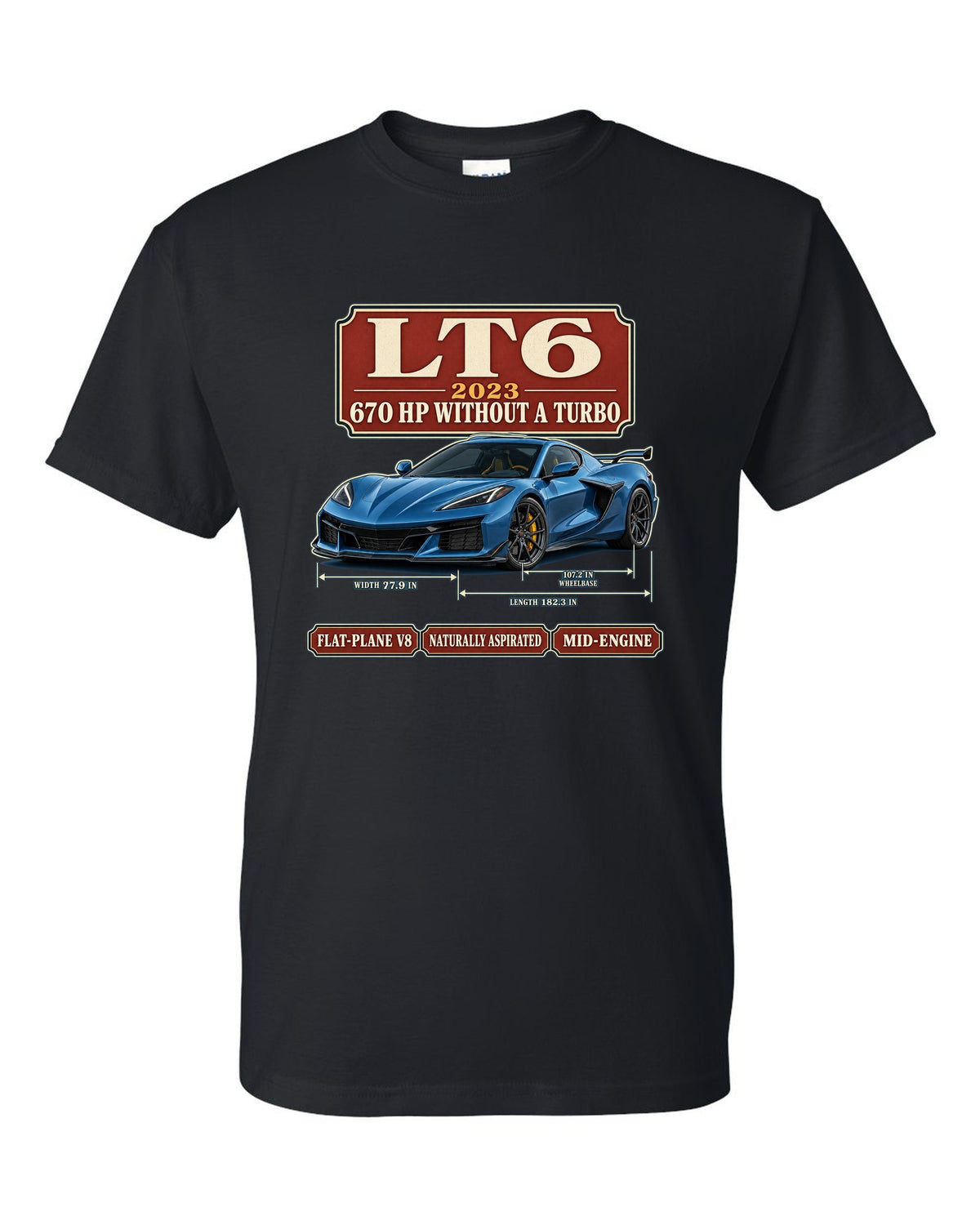 print of a Chevrolet Corvette C8 Z06 in an archive panel layout with LT6 and 670 HP text black t-shirt front view with the design