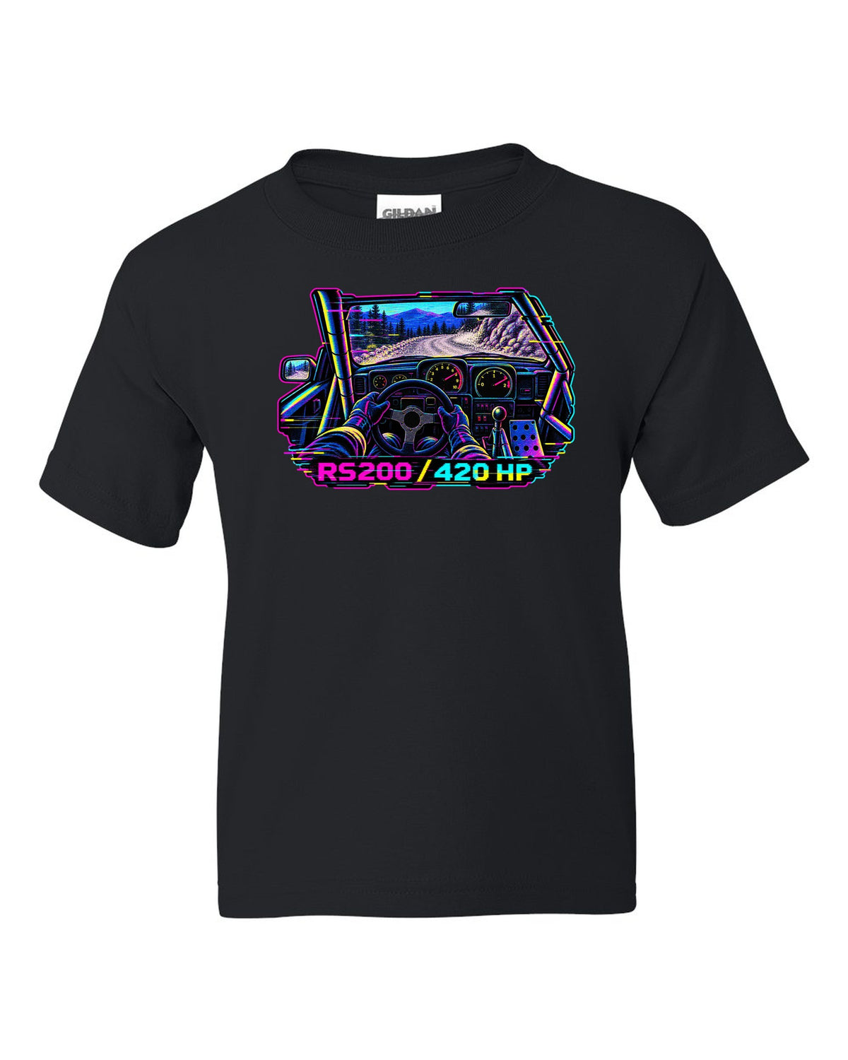 VHS glitch style Ford RS200 cockpit print with 420 hp lettering black kids tee front view with the design