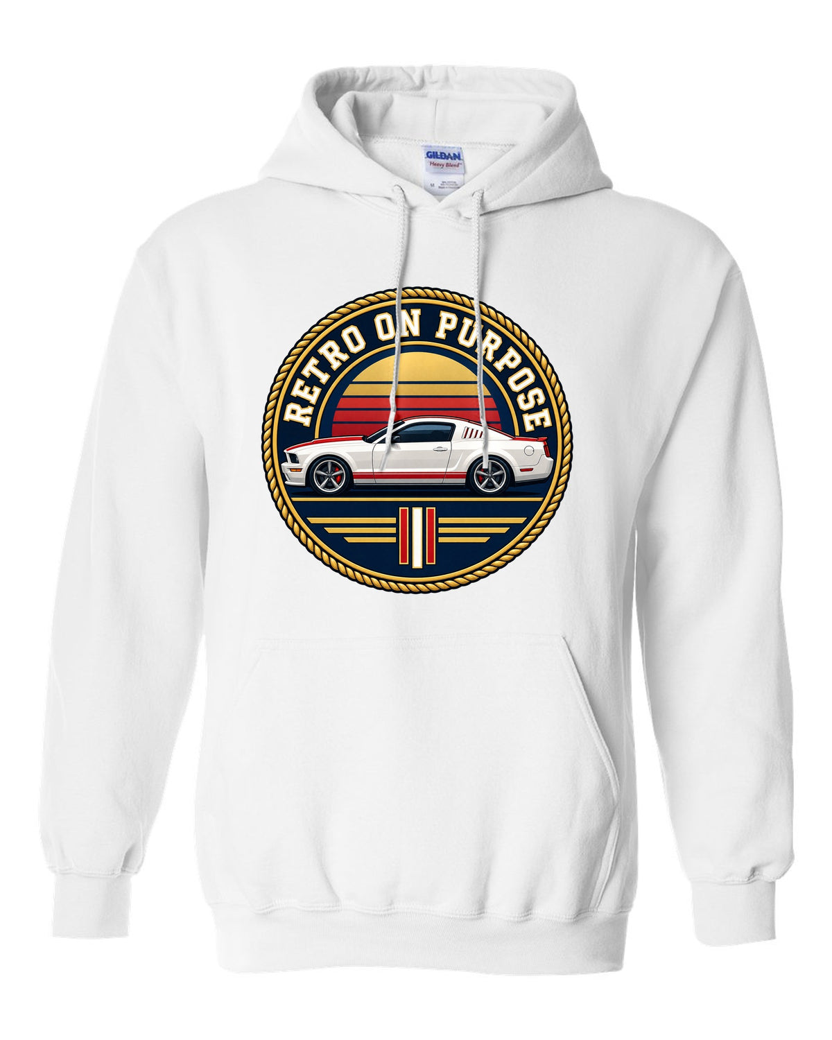 Varsity crest of a 2005-2014 S197 Ford Mustang fastback with Retro on purpose text white pull over hoodie front view with the design