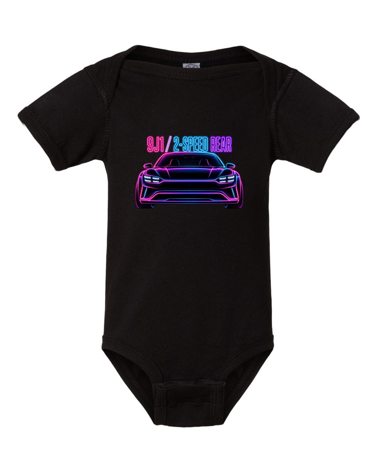 Porsche Taycan Turbo S 9J1 neon outline print with the text 9J1 2-speed rear black baby onesie front view with the design