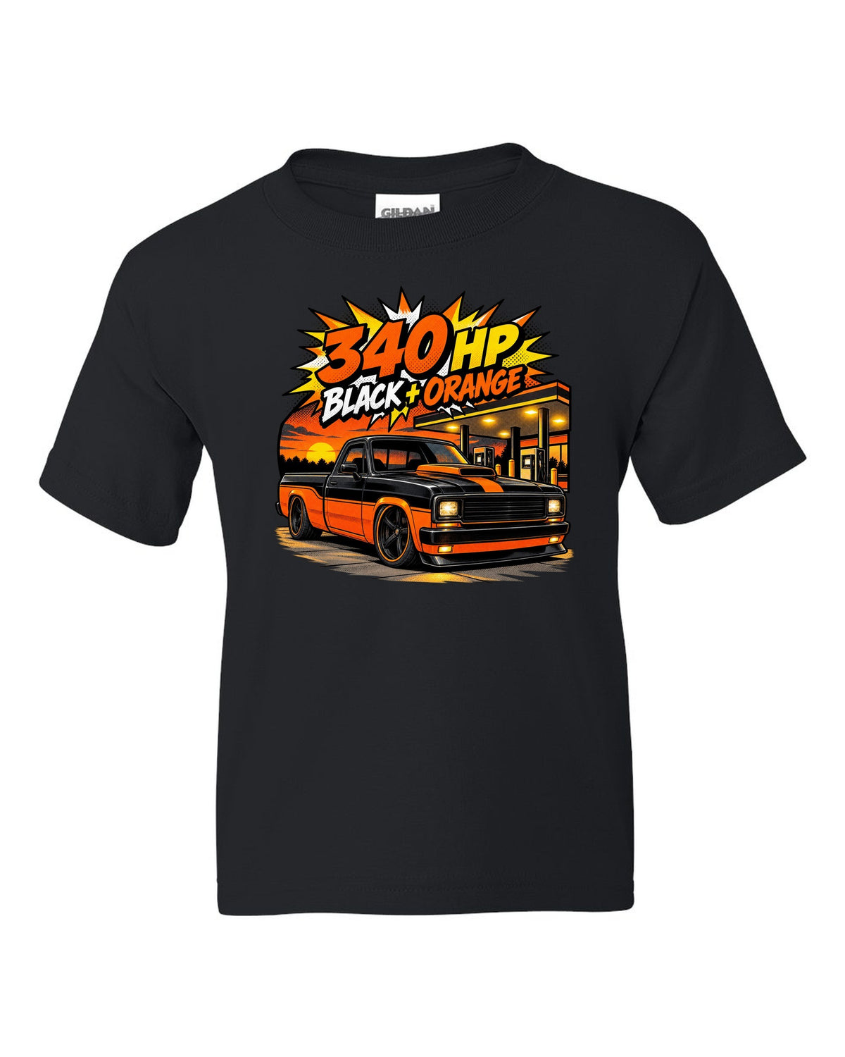 Ford F-150 SVT Lightning Harley edition in a comic halftone pop-art print black kids tee front view with the design