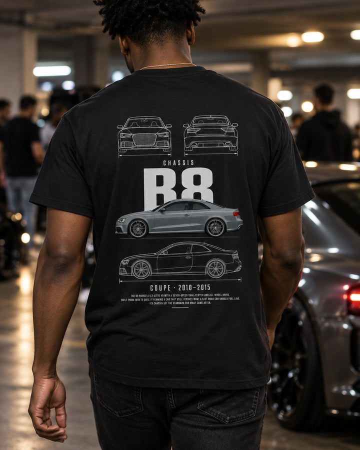 Audi B8 RS5 coupe Blueprint Full-Back Graphic Tee, B8 Chassis Code T-Shirt Black worn hero