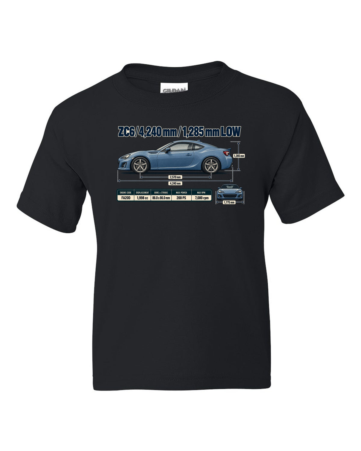 Blueprint-style dimension drawing of a Subaru BRZ ZC6 with length and height callouts black kids tee front view with the design