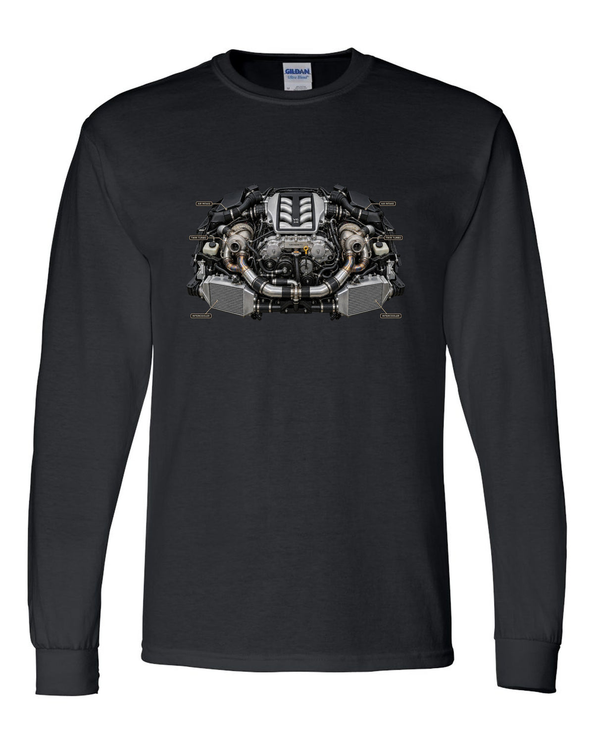 Nissan GT-R R35 Nismo three-view spec table print in graphite grey and red black long sleeve front view with the design