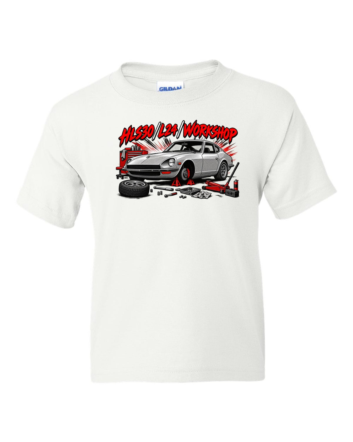 Retro manga halftone panel print of the Datsun 240Z HLS30 with L24 workshop lettering white kids tee front view with the design
