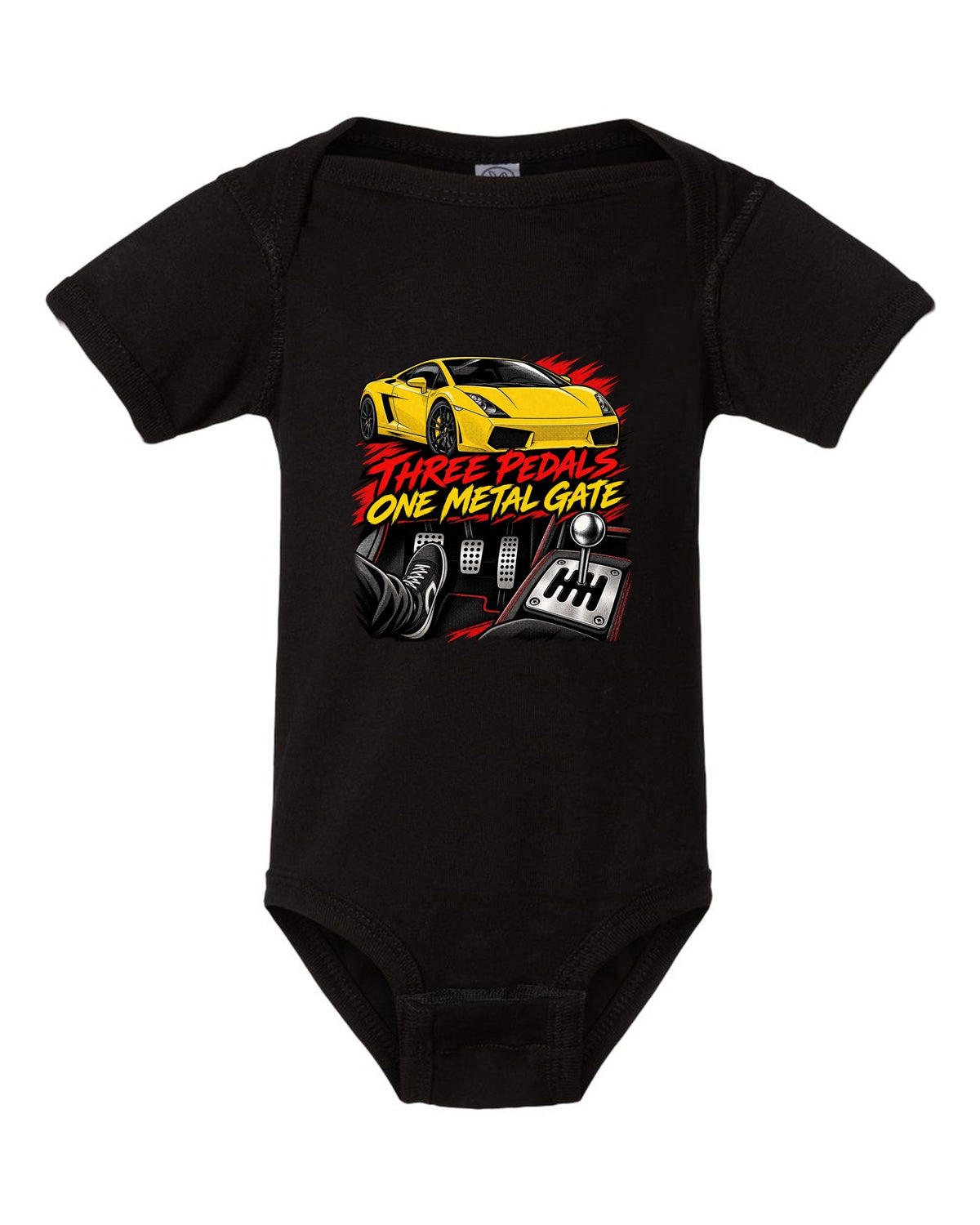 Retro black-ink manga panel of a Lamborghini Gallardo coupe with a gated six-speed manual shifter black baby onesie front view with the design