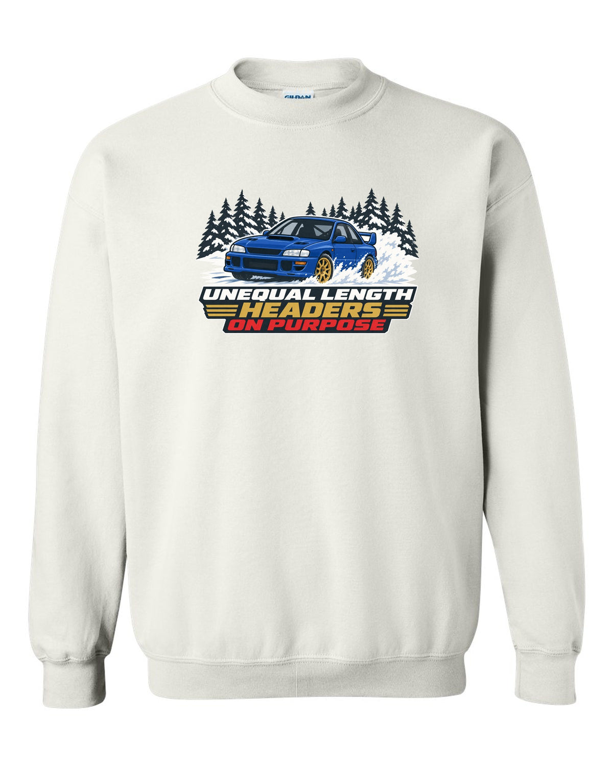 Flat vector print of a Subaru Impreza WRX STI GC8 with unequal length headers on purpose lettering white crewneck front view with the design