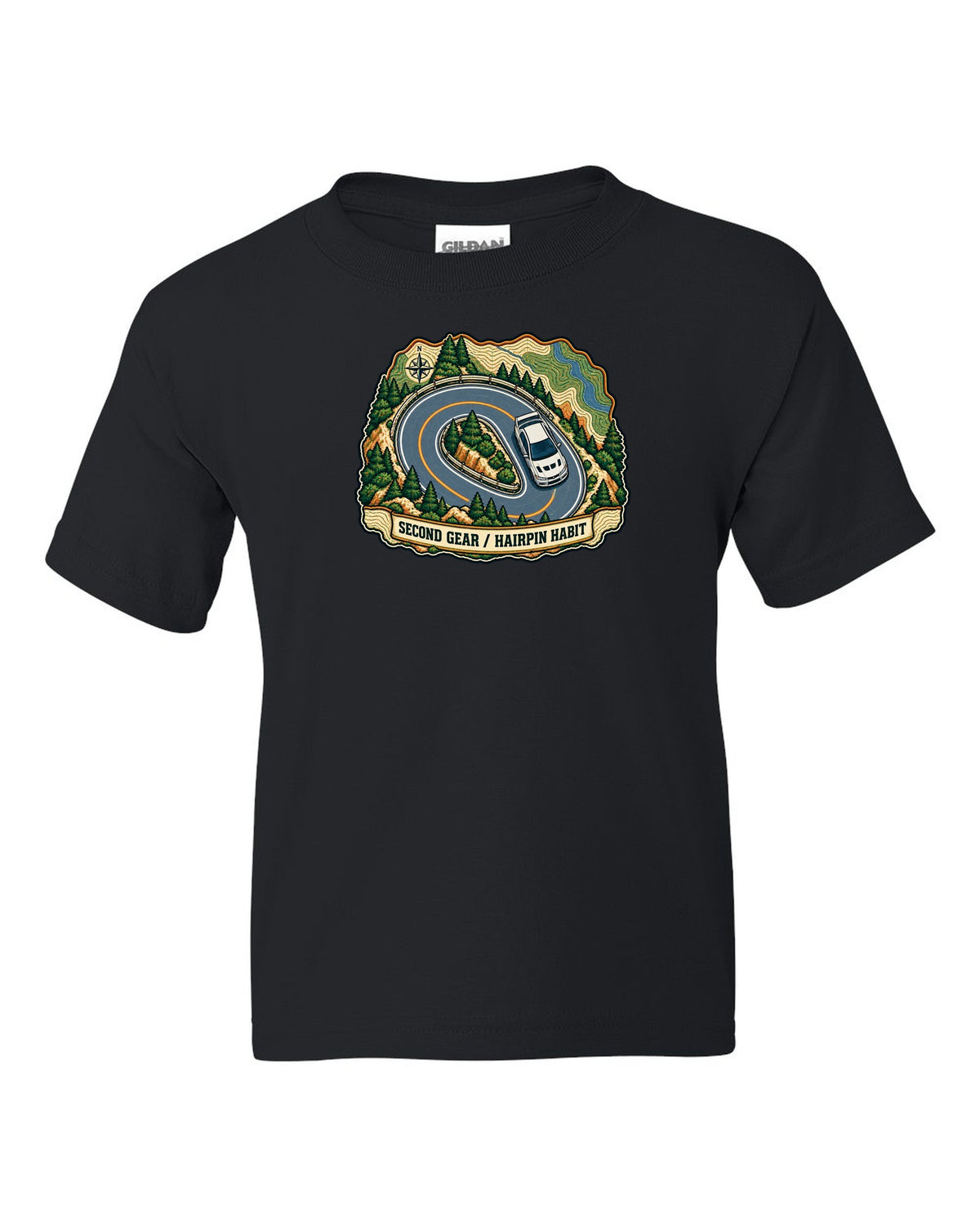 Topographic route map print for the Mitsubishi Evo VII CT9A with second gear hairpin habit text black kids tee front view with the design