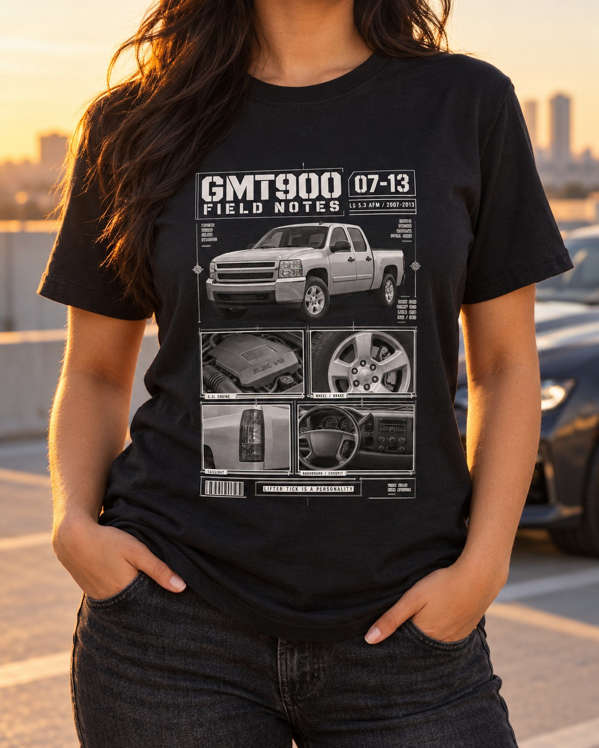 GMT900 Silverado Field Notes Tee, LS 5.3 AFM Lifter Tick T-Shirt Black worn hero