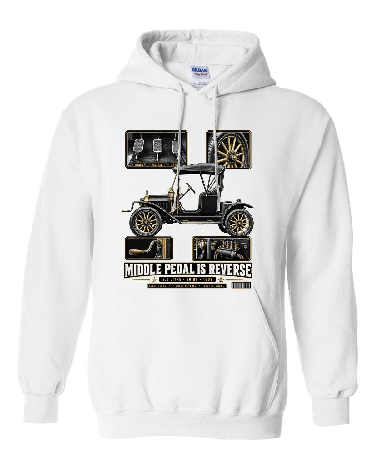 Dossier panel print of a Ford Model T runabout showing its three pedals white pull over hoodie front view with the design