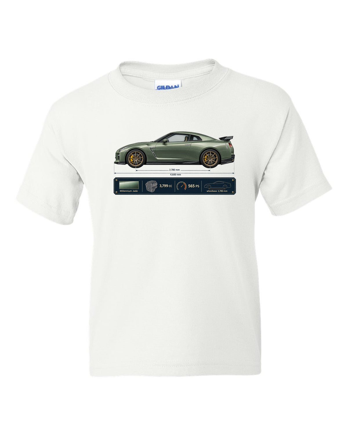 Nissan GT-R R35 T-spec Millennium Jade blueprint print white kids tee front view with the design