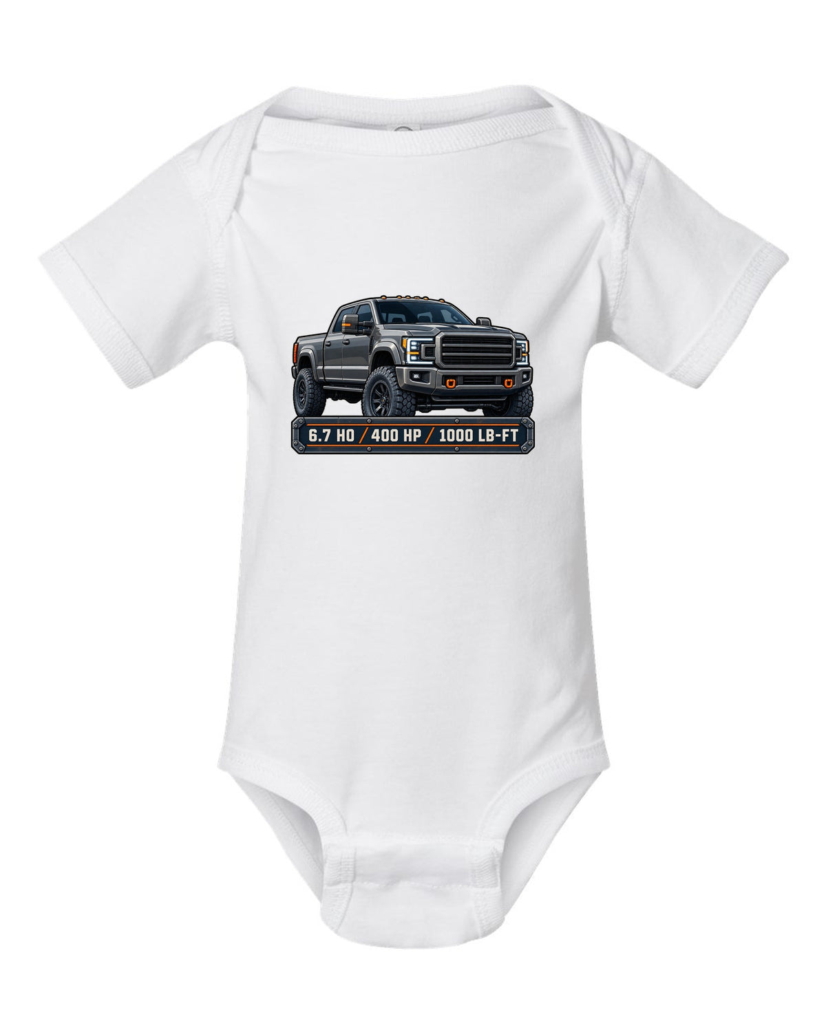 Spec-sheet data plate print for a 2019-2024 Ram HD 2500 crew cab with 6.7 HO 400 HP 1000 lb-ft text white baby onesie front view with the design