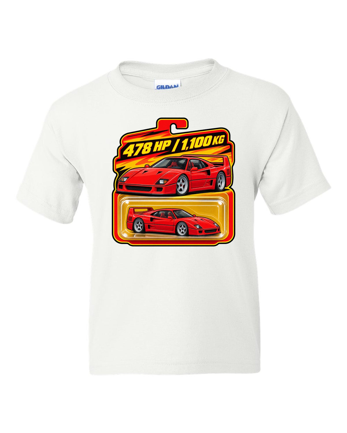 Toy blister-card print of a 1987 Ferrari F40 F120 with 478 HP and 1,100 KG text white kids tee front view with the design