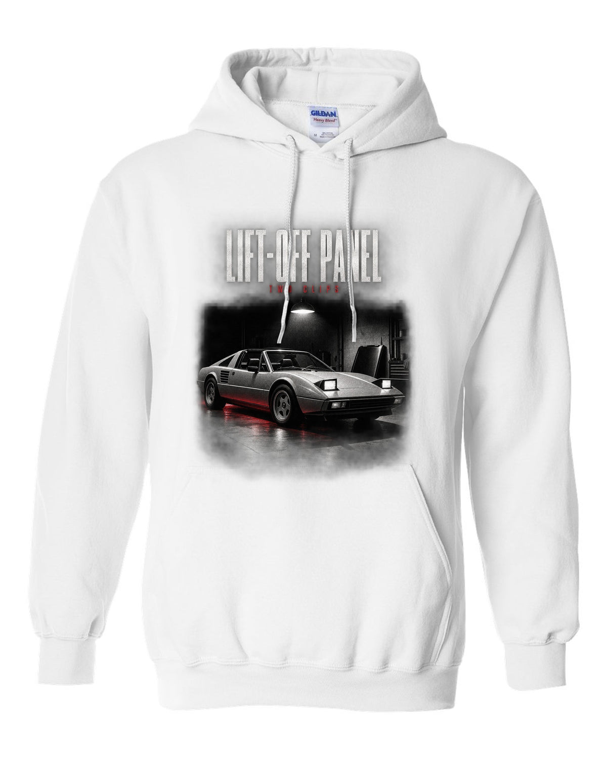 Ferrari 308 GTS 1977 targa garage night print, lift-off panel, two clips white pull over hoodie front view with the design